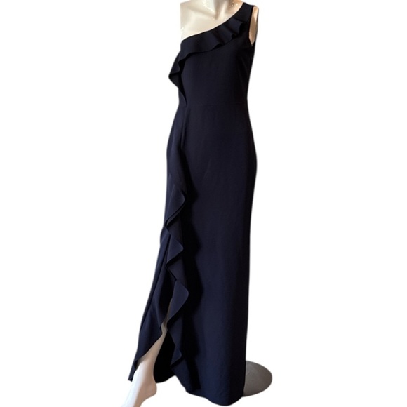 Xscape Elegant One Shoulder Ruffled Navy Scuba Maxi Dress Size 6 - Picture 2 of 11